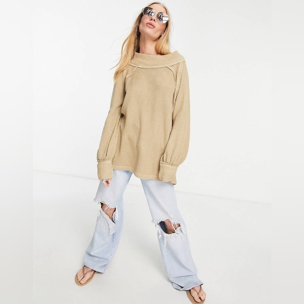 Free People Women's Beige Relaxed Mock Neck Long-Sleeve Knit Sweater Size M​